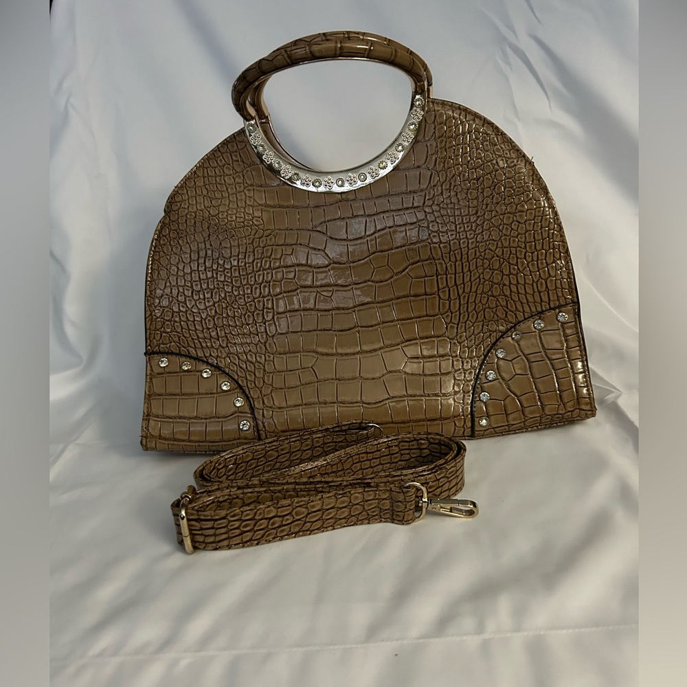 Golden colour faux alligator lovely bag with sparkly gems on trim